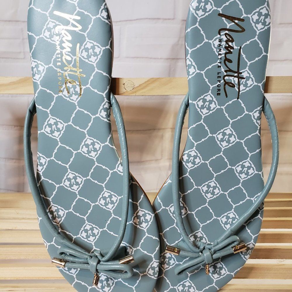 Nanette Lepore Melanie Thong Sandal Blue Leather Bow Flip Flop 8.5 Sandals - Picture 9 of 11